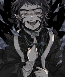  1boy bandaged_wrist bandages black_hair black_haori black_jacket crying facial_tattoo facing_viewer hand_up haori highres jacket japanese_clothes kaigaku kimetsu_no_yaiba laughing male_focus open_mouth red_tattoo short_hair smile solo spiky_hair tattoo tears teeth thick_eyebrows upper_body yakitorisan09 