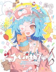  1girl :d artist_name bandaged_neck bandages blue_hair blush brown_eyes cherry commentary commission cupcake drop_shadow eyepatch fang food food_print fruit fruit_print hairband highres holding holding_food holding_ice_cream ice_cream jacket long_sleeves medium_hair mirta off_shoulder one_side_up open_clothes open_jacket open_mouth original outline pink_hairband pink_jacket polka_dot polka_dot_background print_shirt shirt sleeves_past_fingers sleeves_past_wrists smile solo strawberry strawberry_print symbol-only_commentary thick_eyebrows upper_body watermark white_outline white_shirt yellow_background 
