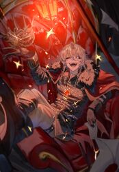  1boy absurdres armchair belt black_belt black_boots black_gloves black_jacket black_sclera boots braid cape chair colored_sclera crossed_legs dagger fold-over_boots fur-trimmed_cape fur_trim gem gloves gold_trim grin hair_between_eyes highres holding holding_mask identity_v ithaqua_(identity_v) ithaqua_(morningstar)_(identity_v) jacket knife male_focus mask multiple_braids pants popped_collar red_cape red_gemstone sharp_teeth smile solid_eyes teeth thigh_strap unworn_mask user_ystk5745 weapon white_eyes white_hair white_pants 