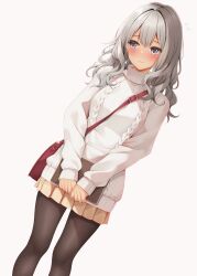  1girl aran_sweater bag black_pantyhose blush book brown_skirt cable_knit closed_mouth commentary_request double-parted_bangs dutch_angle feet_out_of_frame grey_eyes grey_hair highres holding holding_book long_hair long_sleeves minato_ojitan miniskirt original pantyhose pleated_skirt shoulder_bag simple_background skirt solo standing sweater tan turtleneck turtleneck_sweater variant_set wavy_hair white_background white_sweater 