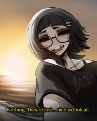  1girl absurdres arched_bangs bare_shoulders black_hair black_shirt bra_strap closed_eyes clothes_writing commentary cross cross_earrings cross_necklace crying earrings english_commentary english_text facing_viewer glasses hair_ornament hairclip highres jewelry medium_hair mikuneki necklace ocean open_mouth orange_sky original outdoors parallel_hairclips riyo_kaede_(mikuneki) sad_smile semi-rimless_eyewear shirt sky solo subtitled sunset teeth under-rim_eyewear upper_body 