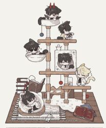  6+boys :3 adjusting_eyewear animal_ears animalization black_hair black_wings blonde_hair book book_stack borrowed_clothes cat_ears cat_tail cat_tower chibi chibi_only closed_eyes coat commentary curled_up demon_horns english_commentary feathered_wings hair_between_eyes hand_on_own_chin head_rest highres horns kemonomimi_mode kim_dokja lee_hakhyun looking_at_viewer multiple_boys multiple_persona nicayuko oldest_dream omniscient_reader&#039;s_viewpoint open_book person_and_animalization phone rug short_hair sleeping smile squid sunglasses tail vest waving white_coat wings wooden_floor yellow_vest 