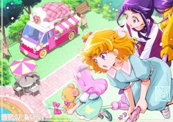  3girls aqua_dress asahina_mirai blonde_hair blunt_bangs bow bread broom broom_riding chair commentary_request dress english_text food food_truck grass hair_bow hanami_kotoha izayoi_liko kamikita_futago long_sleeves mahou_girls_precure! mahou_girls_precure!!_~mirai_days~ melon_bread mofurun_(mahou_girls_precure!) multiple_girls one_side_up open_mouth pink_eyes pink_hair pink_sailor_collar ponytail precure puffy_long_sleeves puffy_short_sleeves puffy_sleeves purple_hair sailor_collar sandals shirt short_hair short_sleeves table tree violet_eyes white_shirt 