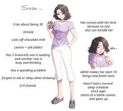  1girl :d absurdres animal animal_print bare_arms bird bird_on_hand black_eyes black_hair breasts cat_print character_name closed_eyes collarbone commentary cropped_torso curtained_hair drinking_straw english_commentary english_text fingernails furrowed_brow glasses grey_shirt grey_slippers grin hand_in_pocket hand_up highres holding_juice_box legs_apart lips looking_at_viewer multiple_views open_mouth pants raised_inner_eyebrows real_life real_life_insert round_eyewear sasu_(sasucchi95) sasucchi95 shirt short_hair short_sleeves simple_background slippers small_breasts smile standing swept_bangs t-shirt upper_body white-framed_eyewear white_background white_bird white_pants 