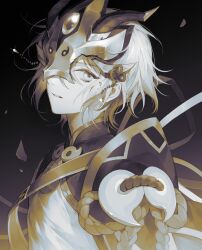  1boy absurdres black_background broken_mask chinese_commentary commentary_request eye_mask fate/grand_order fate_(series) gradient_background grey_background hair_between_eyes half_eye_mask highres horned_mask looking_at_viewer male_focus mandarin_collar mask parted_lips prince_of_lan_ling_(fate) renjian_shilian sash sepia shirt short_hair shoulder_sash simple_background solo upper_body 