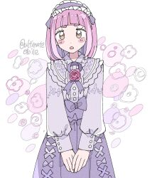  1girl :o alternate_costume arched_bangs blush_stickers bow hairband highres lacey_(pokemon) long_sleeves looking_at_viewer maid_headdress open_mouth pink_hair pokemon pokemon_sv purple_bow purple_hairband purple_shirt purple_skirt remoooon shirt short_hair simple_background skirt solo standing upper_body wax_seal white_background yellow_eyes 