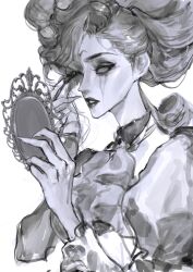  1girl absurdres applying_makeup ascot black_lips claws fingernails greyscale hair_pulled_back highres holding holding_mirror identity_v looking_at_mirror makeup mirror monochrome runny_makeup sangria_(identity_v) sharp_fingernails shikouquan solid_eyes 