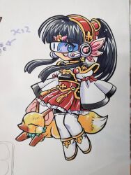  1girl animal armor assault_visor bead_necklace beads blue_eyes chest_guard chibi closed_eyes commentary_request fox hakama hakama_short_skirt hakama_skirt headset high_ponytail highres japanese_clothes jewelry kakomiya_mizuho kannagi-rance kokomahi kuko_shoukuu long_sleeves looking_at_viewer magical_girl necklace nontraditional_miko official_art parted_lips ponytail red_hakama red_ribbon ribbon seifu_taisen_kannagi-rance shoulder_armor simple_background skirt sleeves_past_fingers sleeves_past_wrists smile star_(symbol) tassel thigh-highs tokusatsu traditional_media very_long_sleeves white_background white_thighhighs 