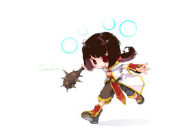  1girl blush boots brown_boots brown_hair brown_shorts champion_(ragnarok_online) club_(weapon) coat commentary_request energy_ball full_body gold_trim holding holding_club holding_weapon hood hooded_coat long_hair looking_at_viewer low_ponytail mojirow open_mouth ponytail ragnarok_online red_eyes red_shirt running shirt shorts simple_background sleeveless sleeveless_coat smile solo spiked_club weapon white_background white_coat 