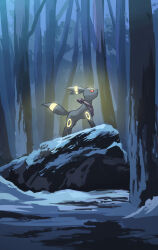  black_fur from_side highres night no_humans outdoors pokemon pokemon_(creature) red_eyes rock solo tail tree two-tone_fur umbreon yamaori_(hakkentai_pokedan) yellow_fur 