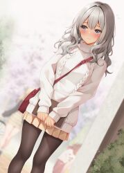  1girl aran_sweater bag black_pantyhose blush book brown_skirt cable_knit closed_mouth commentary_request day double-parted_bangs dutch_angle feet_out_of_frame grey_eyes grey_hair highres holding holding_book long_hair long_sleeves minato_ojitan miniskirt original outdoors pantyhose pleated_skirt shoulder_bag skirt solo standing sweater tan turtleneck turtleneck_sweater variant_set wavy_hair white_sweater 