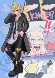  ! !! 1boy 1girl black_boots black_coat black_necktie black_pants blonde_hair blue_dress blue_eyes boots chocobo cloud_strife coat dissidia_duellum_final_fantasy dissidia_final_fantasy dress earrings english_text final_fantasy final_fantasy_ix final_fantasy_vii final_fantasy_vii_remake flower flying_sweatdrops furrowed_brow grey_hair hair_between_eyes hand_in_own_hair highres hood hood_down hooded_coat jewelry light_blush long_coat long_hair loose_necktie marle_(ff7r) moogle necktie official_alternate_costume old old_woman open_mouth outstretched_hand pants patch print_shirt sabotender shikiwo shirt short_hair single_earring spiky_hair thumb_in_pocket torn_clothes torn_pants vivi_ornitier white_flower wide-eyed wide_ponytail wrinkled_skin 