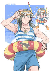  1boy 80850love_fu adjusting_eyewear black_hair blue_male_swimwear blue_shorts blue_sky border bracelet chibi chibi_inset closed_mouth copyright_name cowboy_shot dog_tags earrings final_fantasy final_fantasy_viii flippers goggles goggles_on_head green_eyes hair_between_eyes hair_tubes highres holding holding_swim_ring jewelry laguna_loire light_blush long_hair low_ponytail male_focus male_swimwear musical_note official_alternate_costume open_mouth ponytail shorts single_earring sky smile snorkel snorkel_mask solo striped_tank_top swim_ring tank_top twitter_username white_border 