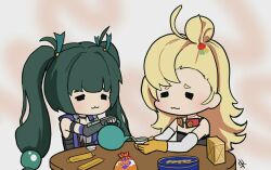 blonde_hair dark_green_hair frieren_face long_hair multiple_girls piper_wheel qingyi_(zenless_zone_zero) snack tea twintails zenless_zone_zero