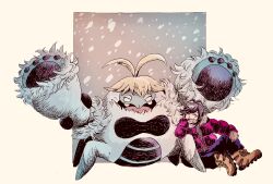  1boy antenna_hair black_hair blush boots brown_boots closed_eyes coat commentary_request crabominable elio_(pokemon) highres open_mouth pants pink_coat pokemon pokemon_(creature) pokemon_sm purple_pants rokucha_(hk69tea) short_hair sitting smile snowing teeth winter_clothes 