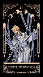  1boy absurdres ahoge aiguillette alkaid_mcgrath alkaid_mcgrath_(awakening) ascot black_background black_vest blonde_hair blue_ribbon card_(medium) closed_eyes closed_mouth coat collared_shirt cowboy_shot dancing english_text gloves green_eyes grey_coat hair_between_eyes hair_over_shoulder hair_ribbon hand_up highres holding holding_ribbon leaning_forward long_sleeves lovebrush_chronicles low_ponytail male_focus medal medium_hair military_uniform moon_phases outline pants ponytail ribbon roman_numeral seven_of_swords shirt simple_background sleeve_cuffs solo sparkle standing tarot tarot_(medium) untucked_shirt vest white_ascot white_gloves white_outline white_pants white_shirt ya_ji_zhou 