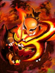  emboar fangs fire flaming_weapon highres holding holding_staff mega_emboar mega_pokemon no_humans pig pokemon pokemon_(creature) pokemon_focus pokemon_legends:_z-a red_eyes rhond_45 sharp_teeth staff teeth tepig weapon 