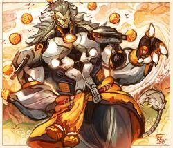  1boy absurdres arm_behind_back artificial_eye artist_name banyue_(zenless_zone_zero) biceps bird black_gloves claws clothes_around_waist clouds cloudy_sky commentary english_commentary ezizekekiel fingerless_gloves floating_ball gloves grass grey_hair highres humanoid_robot long_hair male_focus mechanical_arms mechanical_eye mechanical_hands mechanical_legs mechanical_tail metal_skin orb robot robot_boy sky solo tail yellow_sky zenless_zone_zero 