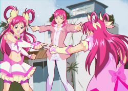  3girls :o arm_warmers back_bow bike_shorts bike_shorts_under_skirt blue_sky blurry blurry_background bow brooch building butterfly_brooch butterfly_earrings butterfly_hair_ornament chest_bow clenched_hand clouds cloudy_sky collarbone collared_shirt commentary crop_top cure_dream d: day dress earrings feet_out_of_frame film_grain flower frilled_dress frilled_sleeves frills from_behind furrowed_brow hair_flower hair_ornament hair_ribbon hair_rings highres index_finger_raised jacket jewelry kibou_no_chikara_~otona_precure_&#039;23~ lapels legs_apart long_hair looking_at_another magical_girl marvel meme midriff multiple_girls multiple_persona navel open_clothes open_jacket open_mouth outdoors outstretched_arm outstretched_arms pants parody petticoat pink_bow pink_dress pink_flower pink_hair pink_jacket pink_rose pointing pointing_at_self pointing_spider-man_(meme) precure purple_shorts que415 ribbon rose shirt short_hair shorts shorts_under_skirt skirt sky spider-man:_into_the_spider-verse spider-man:_no_way_home spider-man_(series) spider-verse spread_arms standing sweatdrop swept_bangs tree v-shaped_eyebrows violet_eyes white_arm_warmers white_pants white_shirt white_skirt yellow_ribbon yes!_precure_5 yes!_precure_5_gogo! yumehara_nozomi 