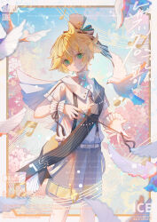  1boy absurdres androgynous bird black_ribbon black_shorts blonde_hair bow collar conductor_baton crossed_bangs dove english_text feet_out_of_frame floating_clothes frilled_collar frilled_wrist_cuffs frills green_eyes hat hat_bow high_collar highres kagamine_len light_blush mini_hat mini_top_hat ponytail ribbon sheet_music short_ponytail short_sleeves shorts smile solo striped_bow striped_suspenders suspenders top_hat user_nspp4433 vocaloid wrist_cuffs 