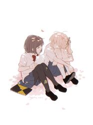  1girl 1other akiyama_mizuki black_bow black_bowtie black_pantyhose black_shoes blue_skirt bow bowtie brown_hair highres hugging_own_legs kyline loafers long_hair looking_at_another miniskirt pantyhose pink_hair pleated_skirt project_sekai shinonome_ena shirt shoes short_hair short_sleeves side_ponytail sitting skirt smile socks white_shirt white_socks 