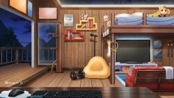  azuma_hatori balcony bean_bag_chair bed bedroom bookshelf computer_keyboard computer_mouse couch dumbbell flame_print glass_ceiling handheld_game_console highres indie_virtual_youtuber indoors journey_to_the_west mario_kart microphone microphone_stand mountain mousepad_(object) mu_ren_zhuang night no_humans note nunchaku official_art photo_(object) picture_frame pillar pillow red_shell_(mario) rug scenery shelf silver_creator_award sky star_(sky) starry_sky stuffed_banana stuffed_monkey sun_kenji sun_wukong super_mario_bros. table television towel tree unworn_headwear weapon wooden_floor wooden_table wooden_wall youtube_creator_award 