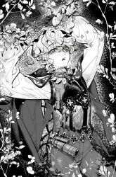  1boy arched_back arms_up flower frilled_sleeves frills gloves greyscale identity_v jacket jacket_on_shoulders light_blush looking_at_viewer luca_balsa luca_balsa_(fugue_for_dawn) male_focus monochrome mua_o official_alternate_costume pants ponytail puffy_sleeves raised_eyebrows short_ponytail small_sweatdrop spyglass wavy_hair 