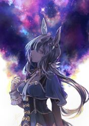  1girl admire_vega_(umamusume) animal_ears black_corset blue_cape blue_eyes blue_shirt brown_hair cape closed_mouth corset ear_covers ear_ornament gensou_aporo hair_between_eyes hand_up highres horse_ears horse_girl light_frown long_hair low_ponytail necktie night night_sky ponytail shirt single_ear_cover sky solo star_(sky) umamusume very_long_hair yellow_necktie 