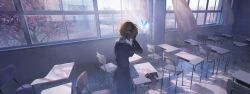  00608d 1girl aigis_(persona) android armband black_jacket black_skirt blonde_hair blue_butterfly bug butterfly cherry_blossoms classroom commentary_request cowboy_shot curtains desk evoker floating_curtains from_behind gekkoukan_high_school_uniform gold_hairband hairband hands_on_own_face hashtag-only_commentary highres indoors jacket long_sleeves persona persona_3 persona_3_reload red_armband robot_ears school school_desk school_uniform short_hair skirt solo spoilers unworn_armband window 