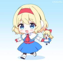  2girls alice_margatroid ascot blonde_hair blue_background blue_dress blue_eyes blush bnelsey boots bow capelet chibi chibi_only commentary dress earmuffs english_commentary gradient_background hair_bow hairband long_hair long_sleeves mittens multiple_girls open_mouth paid_reward_available red_ascot red_bow red_hairband red_mittens shanghai_doll smile touhou twitter_username very_long_hair white_boots white_capelet winter_clothes 
