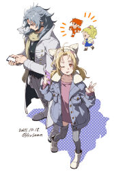  1boy 1girl :p antenna_hair black_vest blonde_hair blue_jacket brown_eyes chibi chibi_inset coat commentary_request dated dissidia_duellum_final_fantasy dissidia_final_fantasy final_fantasy final_fantasy_i final_fantasy_v grey_hair grey_thighhighs highres holding holding_phone jacket krile_mayer_baldesion_(ff5) kurosuema looking_at_phone looking_at_viewer medium_hair one_eye_closed phone pink_shirt ribbed_thighhighs scarf shirt short_twintails simple_background smile thigh-highs tongue tongue_out twintails twitter_username v vest warrior_of_light_(ff1) white_background white_coat yellow_scarf 