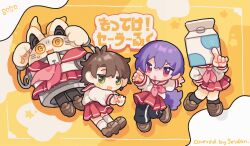  3girls :d :o black_pants black_socks blush_stickers brown_hair brown_shoes chibi chibi_only commentary double-parted_bangs drop_shadow full_body green_eyes hair_between_eyes highres loafers long_sleeves lucky_star milk_carton multiple_girls neckerchief object_head open_mouth original pants pants_under_skirt pleated_skirt purple_hair red_eyes red_neckerchief red_skirt ryouou_school_uniform school_uniform serafuku shirt shoes short_hair signature skirt smile socks star_(symbol) symbol-only_commentary tabunnanhun white_shirt white_socks yellow_background 