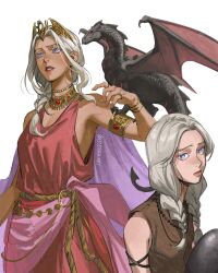  1girl a_song_of_ice_and_fire absurdres armlet artist_name bare_shoulders bracelet braid circlet colored_eyelashes commentary daenerys_targaryen dragon dragon_on_shoulder drogon egg etceteraart frown grey_hair highres holding holding_egg jewelry long_hair looking_at_viewer multiple_bracelets multiple_rings multiple_views necklace parted_lips ring simple_background small_dragon tan twin_braids violet_eyes western_dragon white_background 