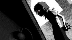  1girl aged_down check_spoilers danganronpa_(series) doorway dutch_angle face_in_shadow from_side fukawa_toko genocider_shou glasses globe greyscale grin hamuseutta hatching_(texture) high_contrast highres holding holding_behind_back holding_scissors indoors monochrome profile red_eyes scissors shadow shirt short_sleeves skirt smile solo spoilers spot_color standing 