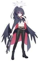  1girl absurdres ahoge belt black_boots black_choker black_cloak black_hair black_pants black_wings blue_archive boots brown_belt buttons choker cloak closed_mouth collared_shirt fabarm_sdass feathered_wings full_body gun hair_between_eyes halo hand_up highres holding holding_gun holding_weapon hood hood_down hooded_cloak jyt lace-up_boots large_variant_set leather leather_pants long_hair looking_at_viewer low_wings multicolored_cloak original pants ponytail pump_action purple_halo red_cloak red_eyes shaded_face shirt shirt_tucked_in shotgun sidelocks simple_background sleeveless sleeveless_shirt smile solo split_mouth standing tachi-e transparent_background two-sided_cloak two-sided_fabric two-tone_cloak variant_set weapon white_shirt wings 