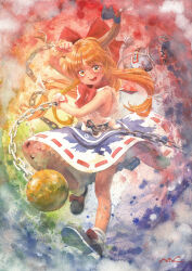  1girl absurdres ball_and_chain_restraint black_shoes blush bow bowtie brown_horns chain commentary_request footwear_bow gourd hair_bow highres horn_ornament horn_ribbon horns ibuki_suika long_hair looking_at_viewer misawa_hiroshi oni open_mouth orange_eyes orange_hair painting_(medium) purple_skirt red_bow red_bowtie ribbon ribbon-trimmed_skirt ribbon_trim shirt shoes signature skirt smile socks solo touhou traditional_media very_long_hair watercolor_(medium) white_shirt white_socks 