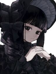  1girl black_bonnet black_bow black_eyes black_hair black_shirt bonnet bow braid commentary eyelashes frilled_sleeves frills gothic_lolita highres interlocked_fingers lolita_fashion long_hair long_sleeves original own_hands_together shirt simple_background solo twitter_username uki_bukuro upper_body white_background 