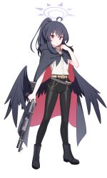  1girl absurdres ahoge belt black_boots black_choker black_cloak black_hair black_pants black_wings blue_archive blush boots brown_belt buttons choker cloak closed_mouth collared_shirt fabarm_sdass feathered_wings full_body gun hair_between_eyes halo hand_up highres holding holding_gun holding_weapon hood hood_down hooded_cloak jyt lace-up_boots large_variant_set leather leather_pants long_hair looking_at_viewer low_wings multicolored_cloak original pants ponytail pump_action purple_halo red_cloak red_eyes shirt shirt_tucked_in shotgun sidelocks simple_background sleeveless sleeveless_shirt solo split_mouth standing sweatdrop tachi-e transparent_background two-sided_cloak two-sided_fabric two-tone_cloak variant_set weapon white_shirt wings 