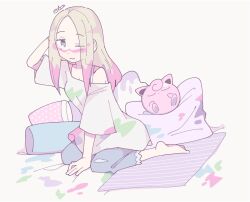  1girl barefoot blonde_hair closed_mouth denim dot_mouth facepaint full_body grey_eyes highres jeans jigglypuff kneeling long_hair looking_at_viewer mina_(pokemon) oversized_clothes oversized_shirt paint_in_hair paint_on_clothes paint_stains pants pillow pokemon pokemon_(creature) pokemon_sm remoooon shirt short_sleeves simple_background sleeping white_background white_shirt 