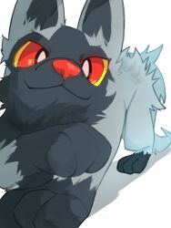  animal_focus closed_mouth colored_sclera e_eee_g highres looking_at_viewer no_humans pokemon pokemon_(creature) pokemon_focus poochyena red_eyes simple_background smile tail white_background yellow_sclera 