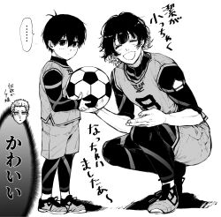  2boys age_difference aged_down bachira_meguru ball blue_lock blue_lock_bodysuit closed_eyes commentary_request dahlio facing_viewer highres holding holding_ball isagi_yoichi looking_at_viewer male_focus multiple_boys simple_background soccer_ball squatting standing translation_request white_background 