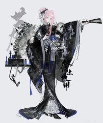  1girl absurdres angel&#039;s_trumpet antique_phone arched_bangs asymmetrical_sidelocks black_kimono black_nails black_ribbon black_shoes block_heels blue_gemstone blue_ribbon blunt_ends bottle bow bow_ring brooch chinese_commentary commission corded_phone feather_boa floral_print floral_print_kimono flower folded_fan folding_fan frilled_kimono frilled_shirt_collar frills full_body gem glint grey_bow grey_ribbon grey_sash hair_bun hair_flower hair_intakes hair_ornament hair_ribbon hairclip hand_fan hand_up highres holding holding_fan japanese_clothes jewelry kimono lizhi_wan long_sidelocks long_sleeves looking_at_viewer multiple_rings nail_polish neck_ribbon obi omamori original outstretched_arm parted_lips pearl_(gemstone) pearl_ring phone pink_eyes pink_hair plant print_kimono ribbon ring rotary_phone sanpaku sash shirt shirt_under_kimono shoes sidelocks sideways_glance simple_background single_hair_bun solo standing striped_bow striped_sash table thumb_ring watermark weibo_watermark white_background white_flower white_shirt wide_sleeves wrist_ribbon 