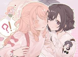  !? 1girl 1other akiyama_mizuki arm_hug blush braid brown_eyes brown_hair cheek-to-cheek chibi chibi_inset embarrassed half_up_braid half_updo heads_together highres kyline long_hair long_sleeves looking_at_viewer one_eye_closed pink_eyes pink_hair project_sekai shinonome_ena short_hair sidelocks smile spoken_interrobang upper_body zoom_layer 