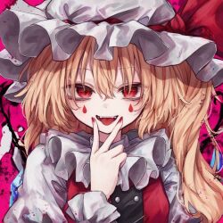  1girl ascot blonde_hair collar crystal crystal_wings fang fangs flandre_scarlet frilled_collar frilled_shirt_collar frills hair_between_eyes hat hat_ribbon long_hair looking_at_viewer mob_cap open_mouth puffy_sleeves red_eyes red_ribbon ribbon shirt side_ponytail simple_background smile solo tattoo teardrop_facial_mark teardrop_tattoo tongue tongue_out touhou upper_body v wgremory white_hat wings 