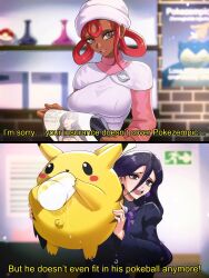  alternate_breast_size_(larger) black_corset black_dress black_hair blurry bottle breasts corset cup dark-skinned_female dark_skin depth_of_field dress drinking_glass earrings fat_pikachu grey_eyes hair_between_eyes hair_rings hat hex_maniac_(pokemon) hex_maniac_(pokemon_legends:_z-a) highres holding holding_pokemon jewelry joy_(pokemon) joy_(pokemon_legends:_z-a) juliet_sleeves large_breasts large_earrings long_hair long_sleeves milk milk_bottle neck_ribbon nurse_cap opalis pikachu pink_hair pink_shirt pokemon pokemon_(creature) pokemon_center pokemon_legends:_z-a poster_(object) puffy_sleeves purple_ribbon ribbon shirt single_sidelock snorlax sphere_earrings turtleneck very_dark_skin violet_eyes white_dress 