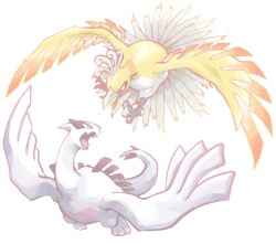  alternate_color animal_focus bird commentary_request fangs full_body ho-oh k_(kuri) lugia no_humans open_mouth pokemon pokemon_(creature) pokemon_focus shiny_pokemon simple_background v-shaped_eyes white_background 