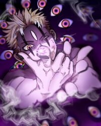  1boy black_nails blonde_hair dandadan dirty dirty_face earrings enjoji_jin evil_eye_(dandadan) facial_mark highres hoop_earrings jewelry male_focus nail_polish one_eye_closed orange_eyes outstretched_hand punk_tigiri short_hair solo third_eye topless_male upper_body 