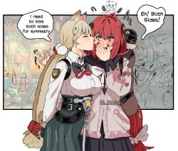  ! 1other 4girls ? absurdres alice_thymefield animal animal_ear_fluff animal_ears animal_on_back arms_behind_back backpack bag belt black_gloves black_nails blindfold_mask blonde_hair blush braid braided_twintails cardigan chest_bow closed_eyes closed_mouth commentary covered_eyes covering_own_mouth english_commentary english_text fingerless_gloves food game_screenshot_background glasses gloves green_eyes green_skirt hair_ornament hair_ribbon hat hearing_aid heart highres holding holding_food kamanosuke_(zenless_zone_zero) kiss kissing_cheek long_hair looking_at_another mask multiple_girls open_mouth pink_cardigan rabbit_ears rabbit_girl raccoon red_hair ribbon screenshot_background shirt skirt speech_bubble sphere_hair_ornament sweat tanuki teeth trigger_(zenless_zone_zero) tsukishiro_yanagi twintails ukinami_yuzuha upper_teeth_only white_background white_shirt yuri zanqi zenless_zone_zero 