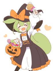  1girl :d ^_^ absurdres black_dress black_hat blush bow bowtie candy closed_eyes commentary dot_nose double-parted_bangs dress facing_viewer feet_out_of_frame food green_hair halloween halloween_bucket halloween_costume hat hat_bow highres holding holding_candy holding_food holding_lollipop jack-o&#039;-lantern lollipop long_hair long_sleeves open_mouth orange_bow orange_bowtie pinafore_dress shirt simple_background sleeveless sleeveless_dress smile solo standing swirl_lollipop voicevox white_background white_shirt witch_hat zundamon zungurimukkuri_tarou 