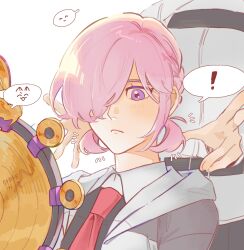  ! 1boy 1girl ^_^ alternate_hairstyle belt closed_eyes collared_shirt cy_110v fate/grand_order fate_(series) frown fujimaru_ritsuka_(male) hair_over_one_eye head_out_of_frame highres hood hoodie light_blush looking_at_mirror low_twintails mash_kyrielight mirror necktie out_of_frame pink_hair red_necktie shirt spoken_exclamation_mark spoken_expression standing suiten_nikkou_amaterasu_yanoshisu_ishi tamamo_no_mae_(fate) twintails violet_eyes 